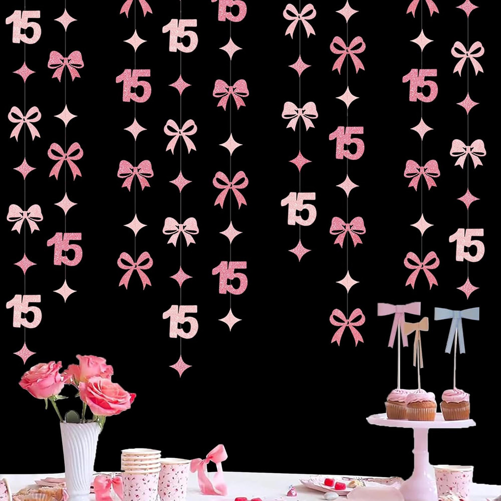 Glitter Pink 15Th Bow Birthday Decorations Hot Pink Conquette Bow Garland Stream