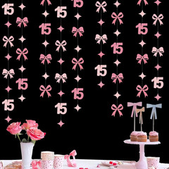 Glitter Pink 15Th Bow Birthday Decorations Hot Pink Conquette Bow Garland Stream