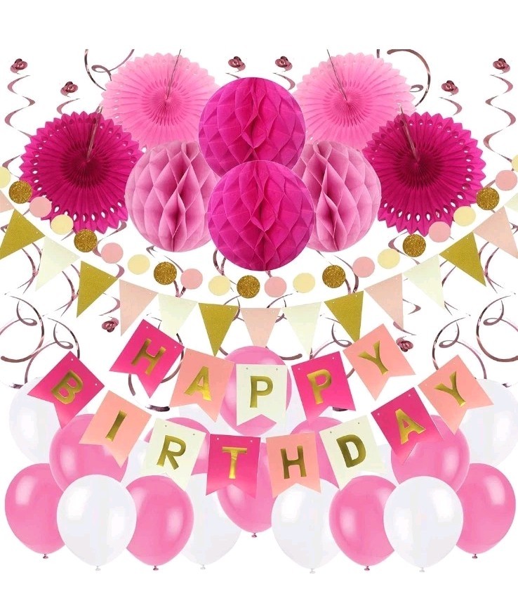 Birthday Party Decoration, Happy Birthday Banner with Paper Fans, Honeycomb Ball