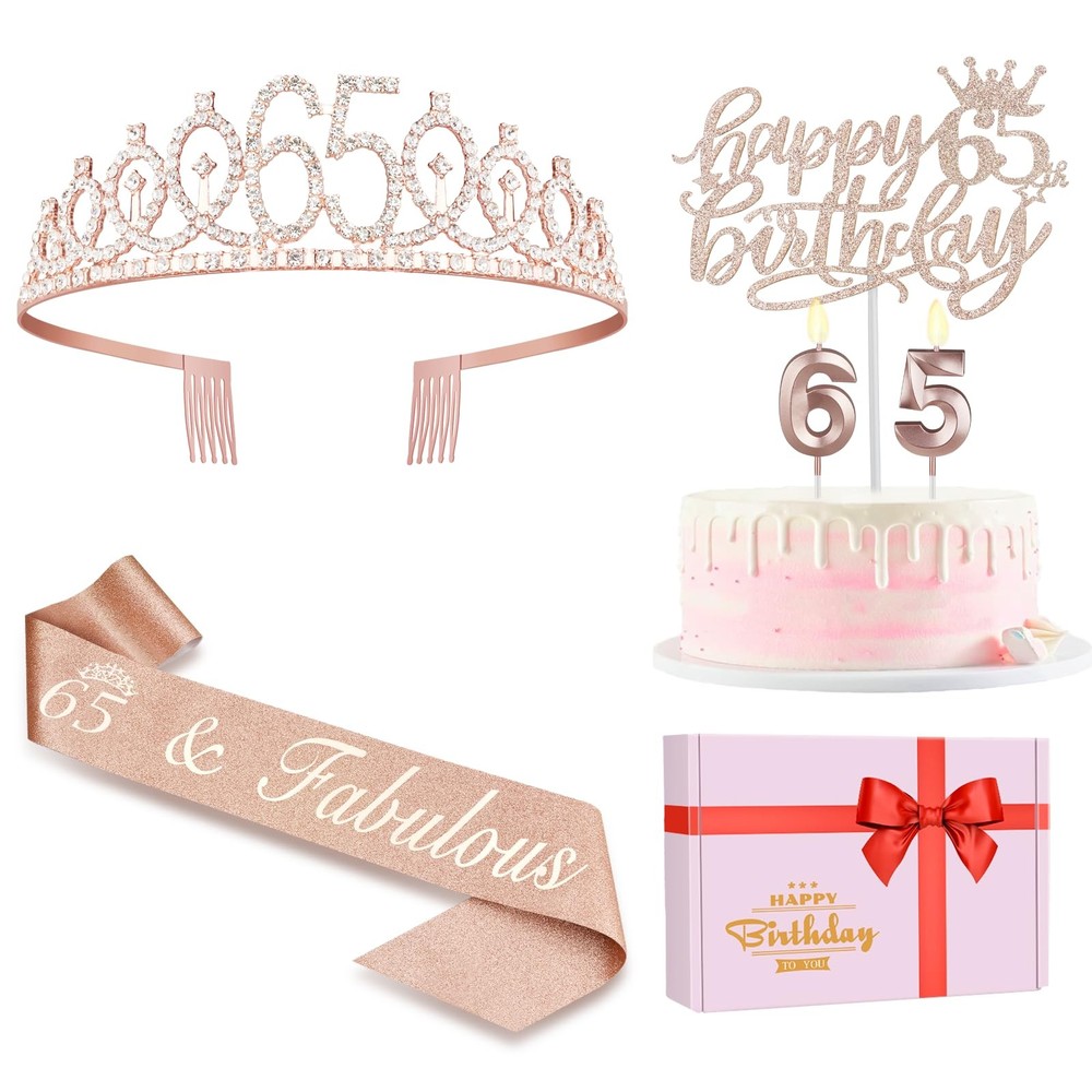 65th Birthday Decorations for Women, Including Sash, Crown/Tiara, Rose Gold