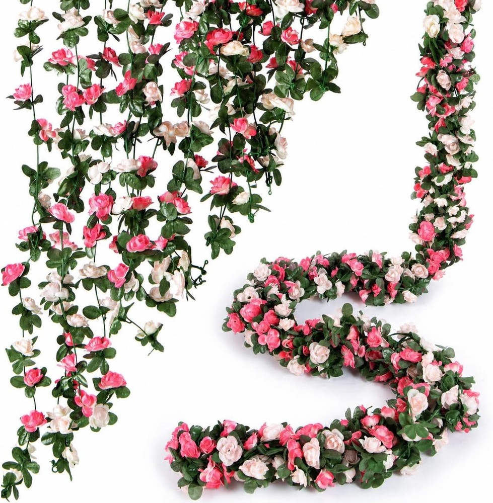 Flower Garland 8 Pcs x 8.2 ft Artificial Rose Vine Flowers with Green Leaves