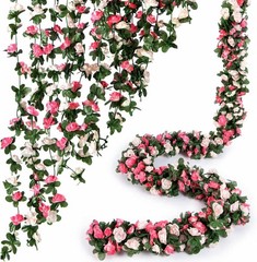 Flower Garland 8 Pcs x 8.2 ft Artificial Rose Vine Flowers with Green Leaves