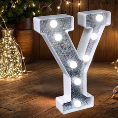 LED Light Up Marquee Letter Y Sign – Silver/White Glitter Plastic