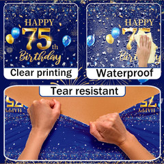 75th Birthday Decorations for Men – 3pcs Navy Blue and Gold Table Covers, Rectan