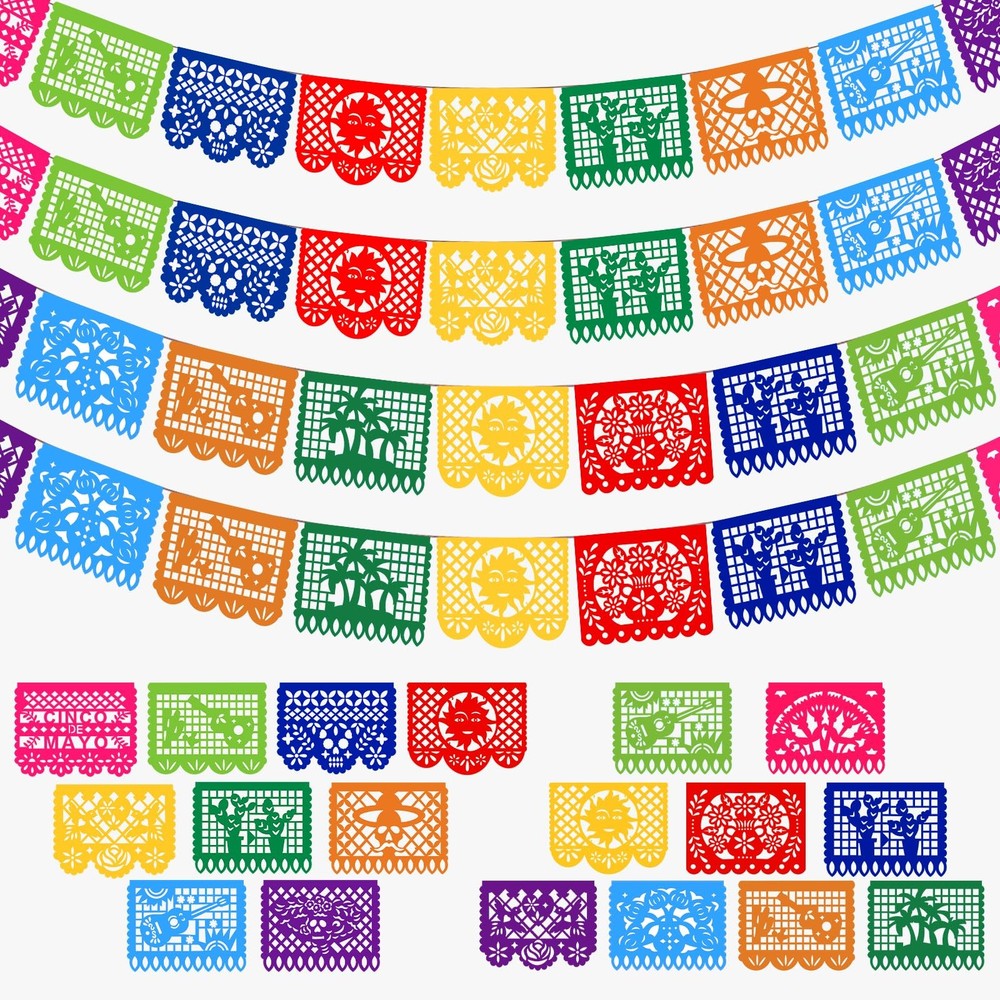 Mexican Papel Picado Banner, 4Pack 72ft, Cinco de Mayo Day of Dead