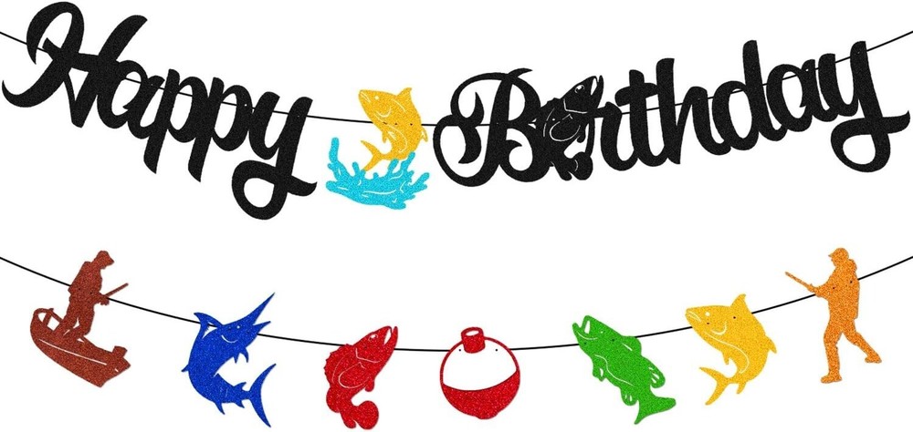 Fish Happy Birthday Banner Fishing Pole Fisher Fishermen Bait Angling Boat Them