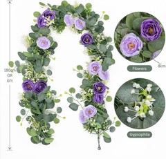 2 Pack 13Ft Artificial Eucalyptus Flower Garland with Purple Roses, Fake Rose