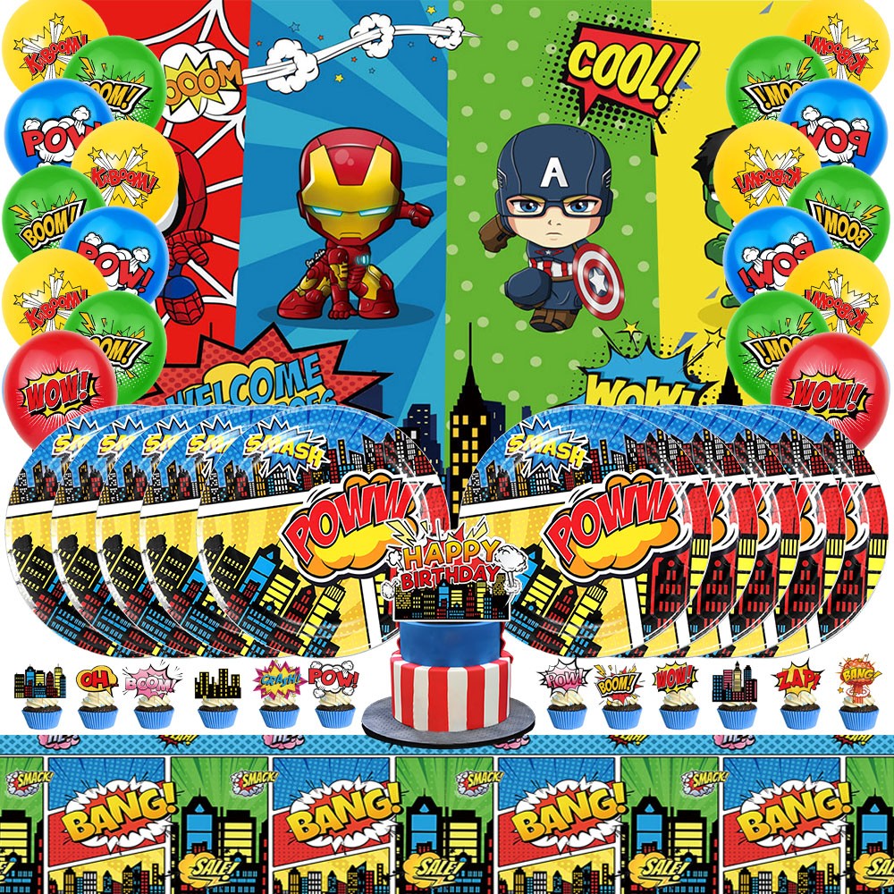 Superhero Party Supplies Set Plates Balloons Tablecloth Banner Cake toppers
