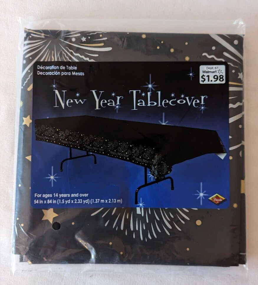 New Years Rectangular Plastic Tablecover 24″ x 84″ New Year Table Cover NIP