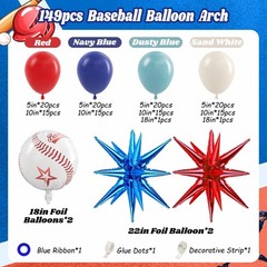 149pcs Baseball Balloons Arch with Navy Blue Red Sand White Balloons for Grad…