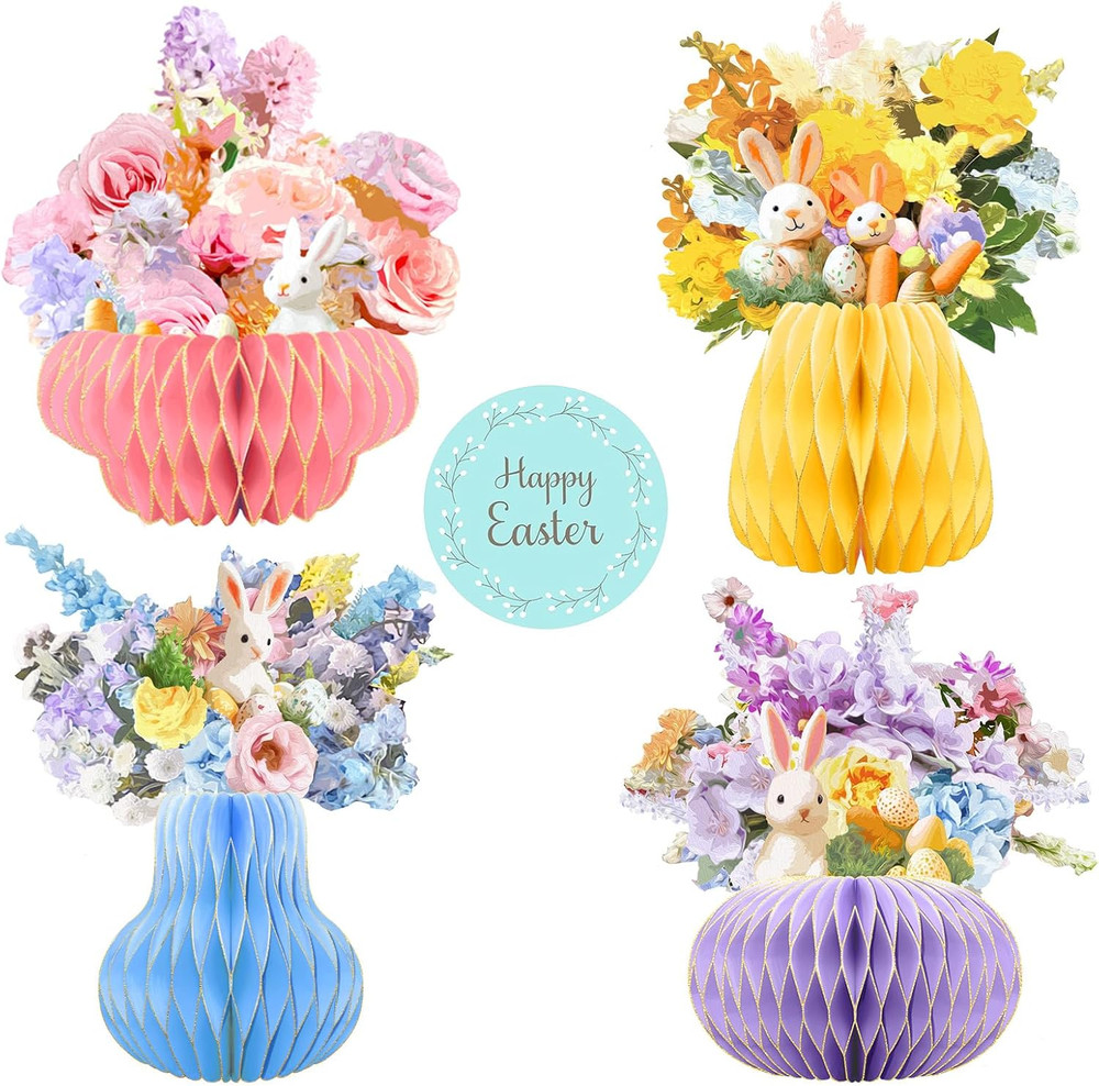 Easter Party Decorations,Paper Honeycomb Vase with Bouquet Print Card,Glitter Ed