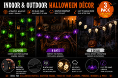 Set of 3 Halloween LED String Lights Skull/Spider/Bat Outdoor/Indoor Party Decor