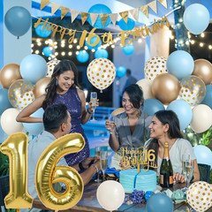 Sweet 16Th Birthday Decorations for Boys Girls, Dusty Blue Cream White Gold 16