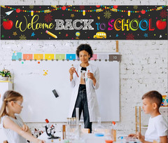 Welcome Back to School Decorations Banner Backdrop Black First Day of School Pen