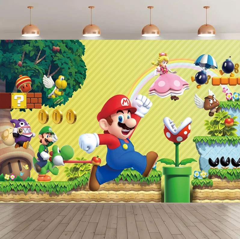 Super Mario Backdrop Game Baby Shower Birthday Party Photo Background Banner