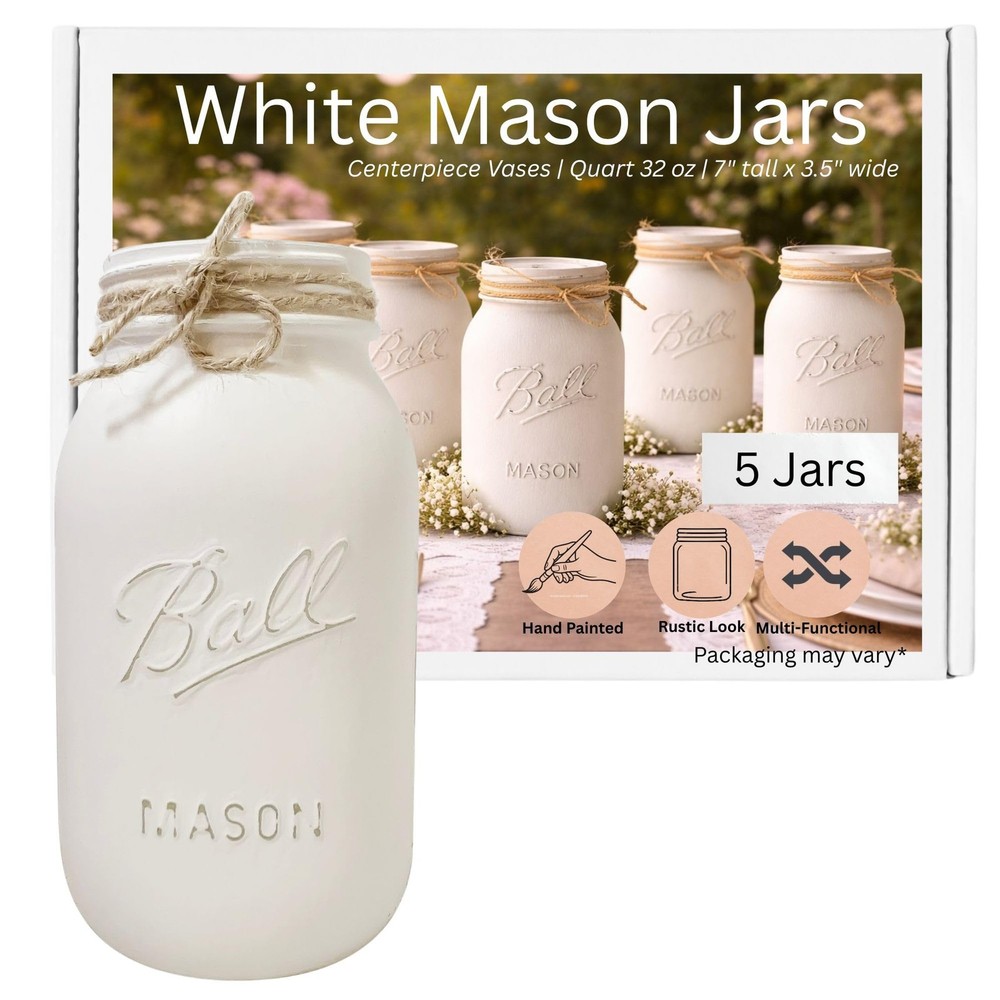 White Mason Jars | Set of 5, Quart 32 oz, 7″ Height | Hand-Painted Vases for …