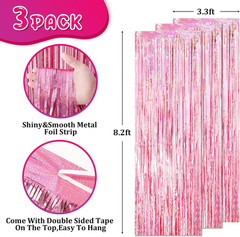 Voircoloria 3 Pack 3.3×8.2 Feet Laser Pink Foil Fringe Backdrop Curtains, Tinsel