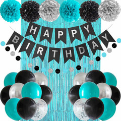 Black Teal Blue and Silver Happy Birthday Party Decorations Turquoise Aqua Ballo