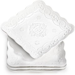Tebery Set of 4 Square Embossed Ceramic Plate, 10 10 Inch Large, Ivory White