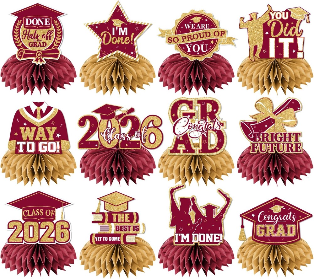 12 PCS Maroon Gold 2026 Graduation Honeycomb Centerpieces Table Toppers
