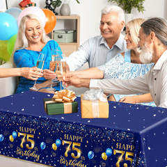 75th Birthday Decorations for Men – 3pcs Navy Blue and Gold Table Covers, Rectan