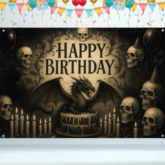 Birthday Banner 71 X 43 Inch, Large Gothic Dragon Happy Birthday Party Backdrop,