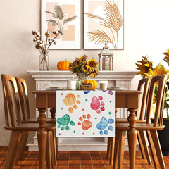 Watercolor Colorful Paw Prints Table Runner Happy Birthday Tablecloth Holiday Pa