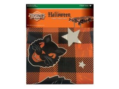 Vintage Halloween Fabric Tablecover Black Cats Stars Orange Party Tablecloth New