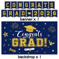 Navy Blue & Gold Graduation Decorations 2026 – Congrats Grad Backdrop, Banner, B