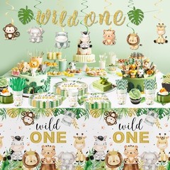 Safari Wild One Birthday Decorations Boy Tablecloth, 3Pcs Disposable Zoo