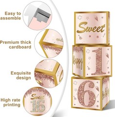 3Pcs Sweet 16 Party Decorations Boxes for Girls Women, Pink Rose Gold 16th Bi…