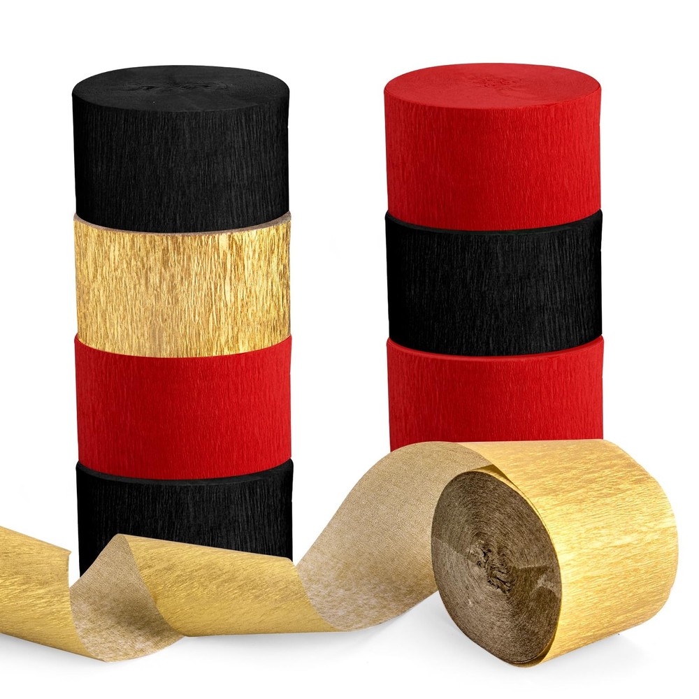 Casino Streamers Party Decorations, 8 Rolls Red Black Gold Crepe Paper Stream…