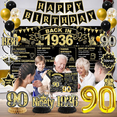 90Th Birthday Decorations for Men, Black Gold Back in 1936 Party Supplies Kit wi