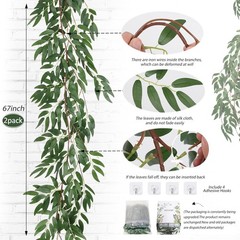 Artificial Willow Leaves Vine Twigs 2Pcs 5.7Ft Fake Hanging Ivy Plants Silk