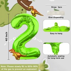 Dinosaur Number 2 Ballloon, 40 Inch Green Number 2 Balloon, Mini Dino Foil Ba…