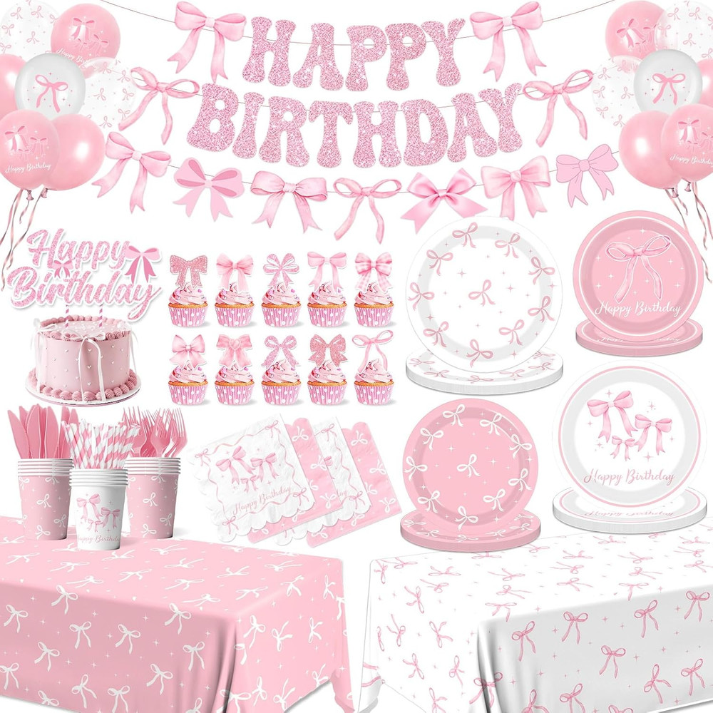 Elegant Pink Bow Birthday Party Supplies Set for 24 Guests – Coquette Theme