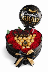Graduation Gift Box with Congrats Grad Balloon, Red Roses, Chocolates, Black & …