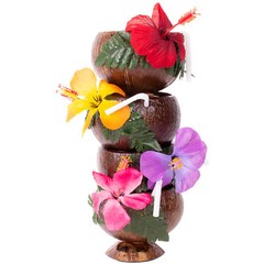 Luau 4 Person Coconut Cup, Pick & Stirrer 16pc Party Drinkware Pack, Brown Multi
