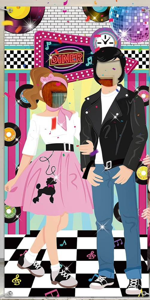 1950’s 2 Person Party Photo Backdrop with Poodle Skirt, Leather Jacket – NEW