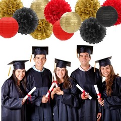 Red Black Gold Paper Flowers Lanterns Tissue Pom Poms Casino Theme Set 15 PCS