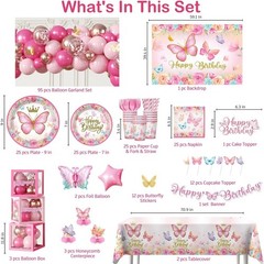 Pink Butterfly Birthday Decor – Tableware & Balloons