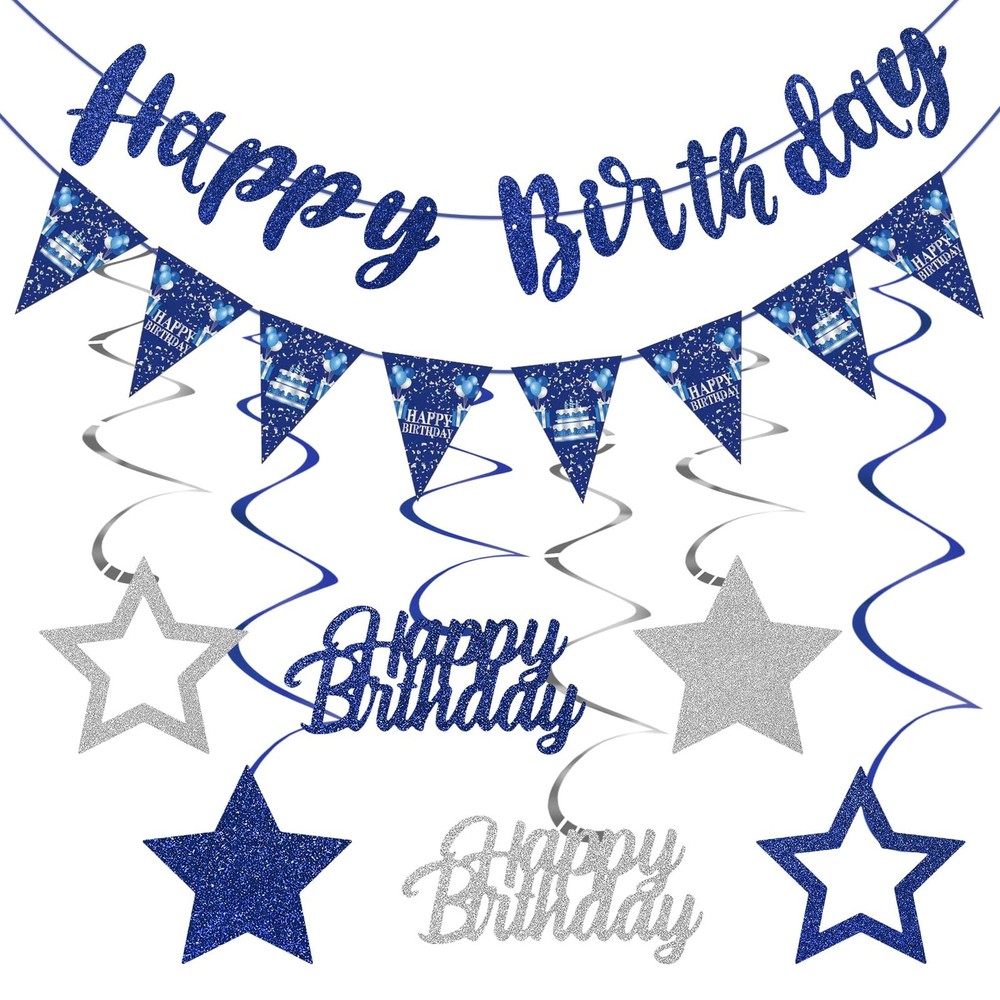 Blue Silver Birthday Decorations for Men Women, Happy