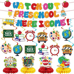 Back to School Decorations-Watch Out Preschool Banner, Hanging Swirls and Honeyc