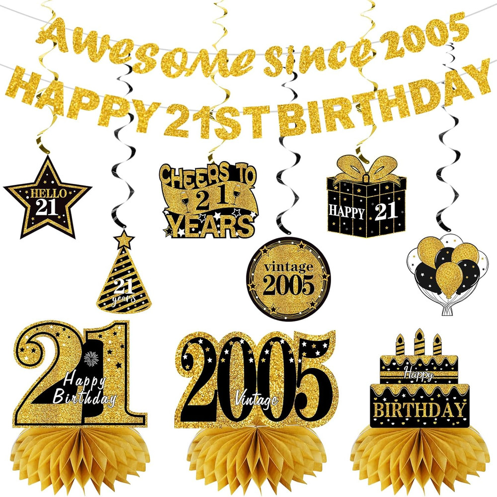 11Pcs 21St Birthday Decorations Kit for Men Women, Black Gold Happy 21St Birthda