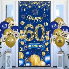 Complete 60th Birthday Decor – Navy Blue & Gold Banner with 18 Balloons Included