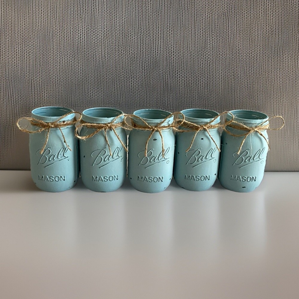 Set of 5 chalk painted distressed white mason jar vases…mix & match colors!
