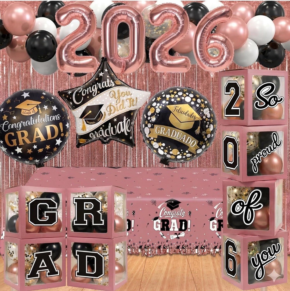 2026 Graduation Party Decorations Pink Black Gold Balloon Box Backdrop Decor Set