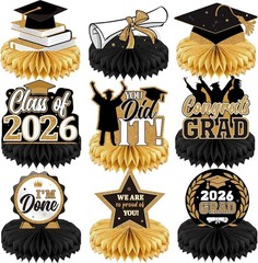 Chic Black Gold Honeycomb Centerpieces for Class of 2026 Graduation Celebrations