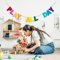 Pre-Strung Rainbow Play All Day Felt Banner Reusable Wall Sign Play All Day W…