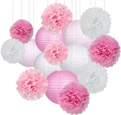 15Pcs Party Pack Paper Lanterns and Pom Pom Balls Hanging Decoration for Wedd…